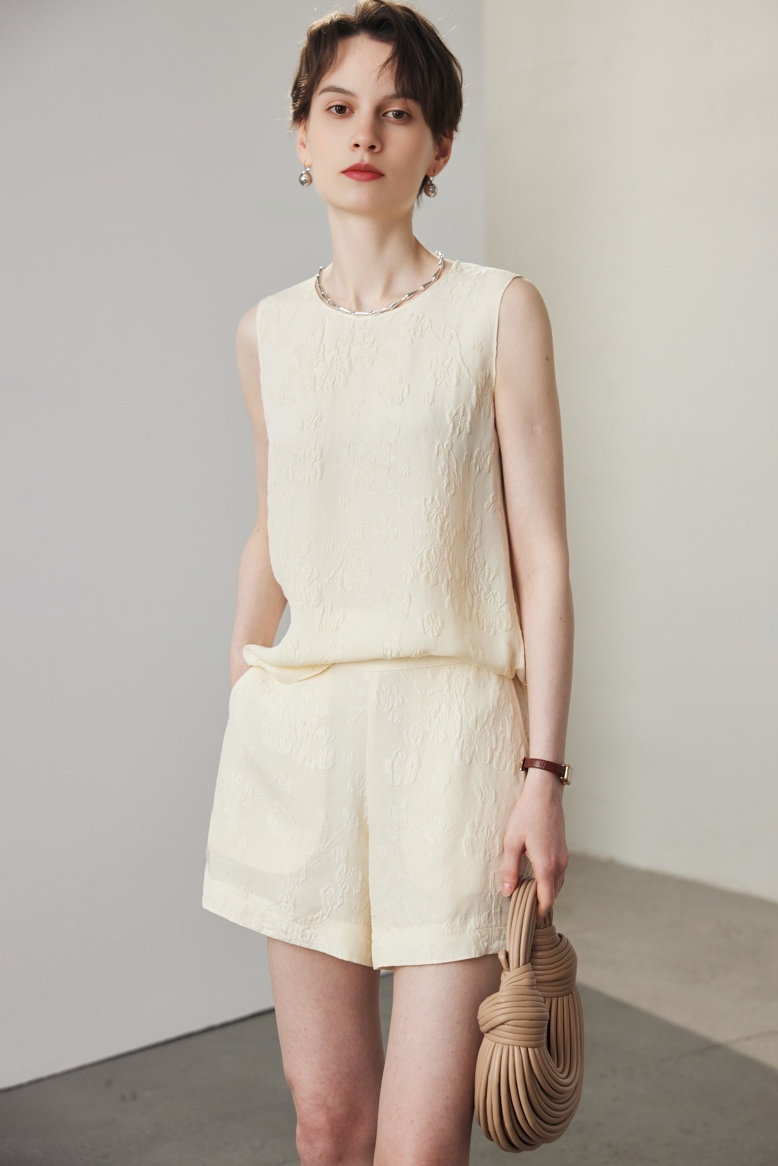 100% Mulberry Silk Embroidered Shell Tank Top