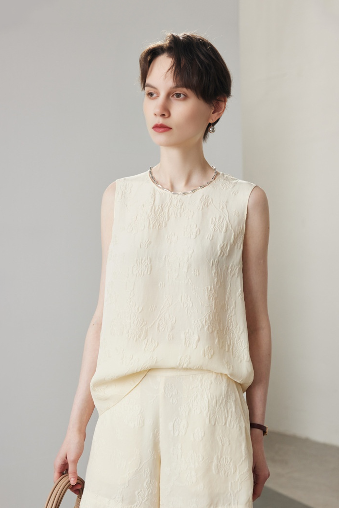 100% Mulberry Silk Embroidered Shell Tank Top