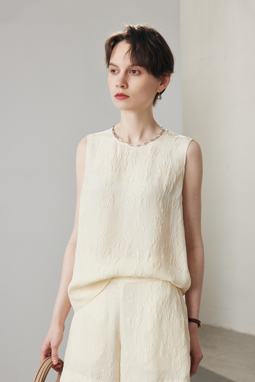 100% Mulberry Silk Embroidered Shell Tank Top