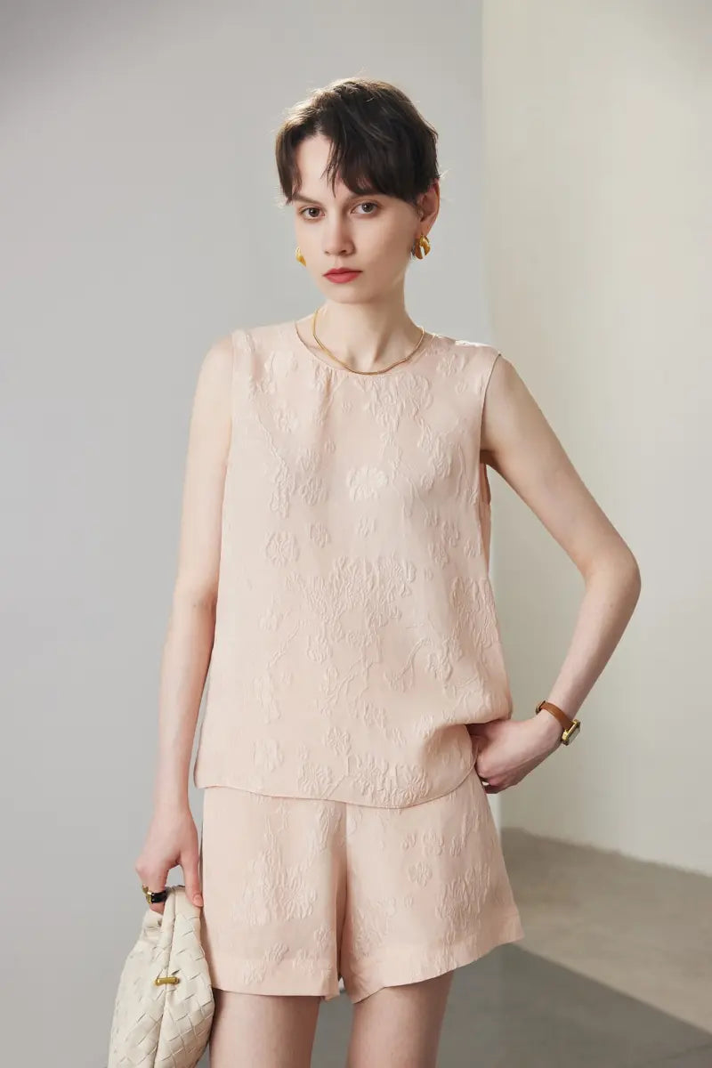 100% Mulberry Silk Embroidered Shell Tank Top