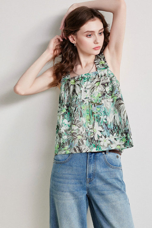 100% Cotton Floral Oil Painting Print Tank Top