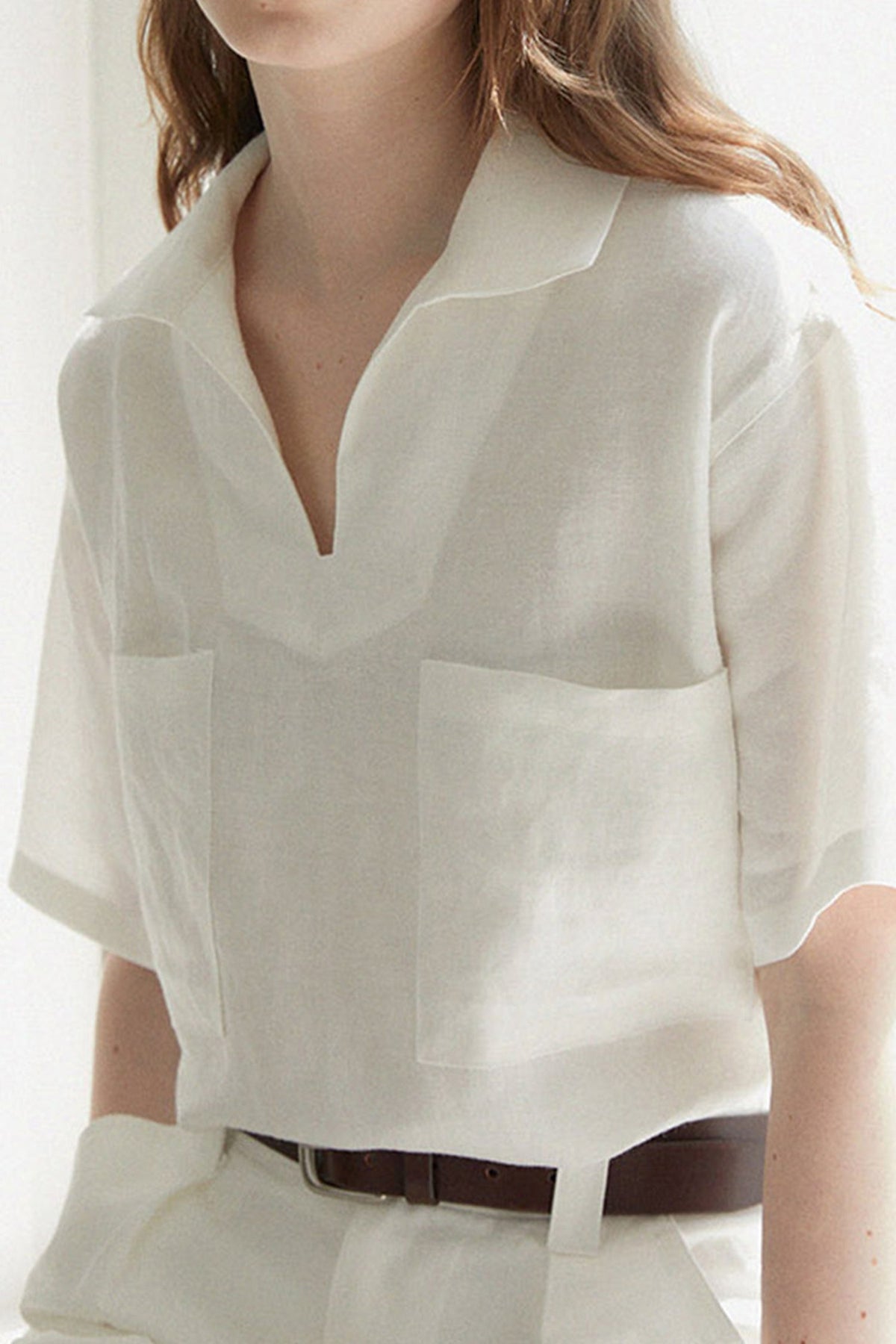 100% Linen Breathable V Neck Polo Shirt