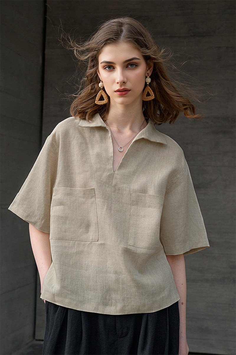 100% Linen Breathable V Neck Polo Shirt