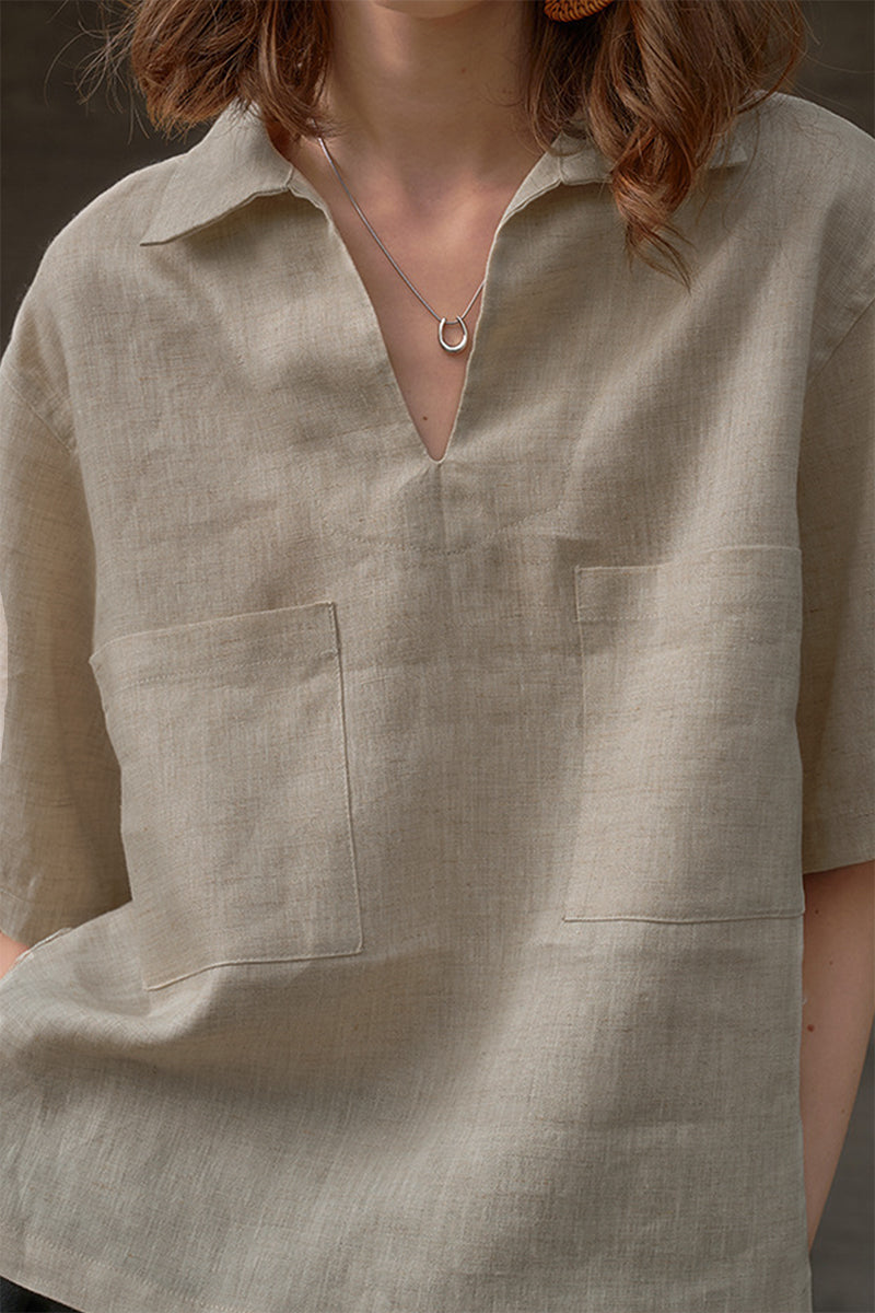 100% Linen Breathable V Neck Polo Shirt