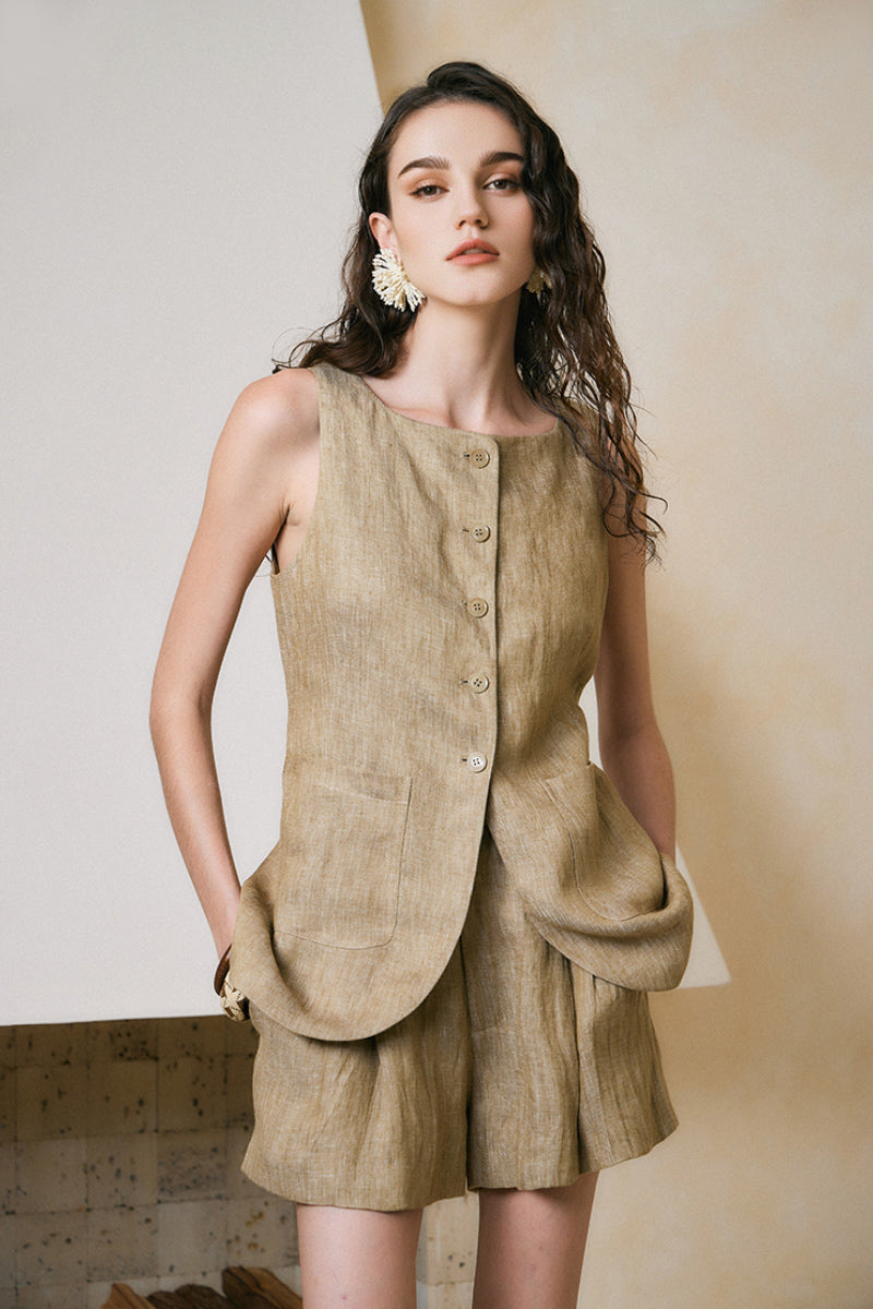 100% Linen Three Piece Vest Set with Shorts and Pants