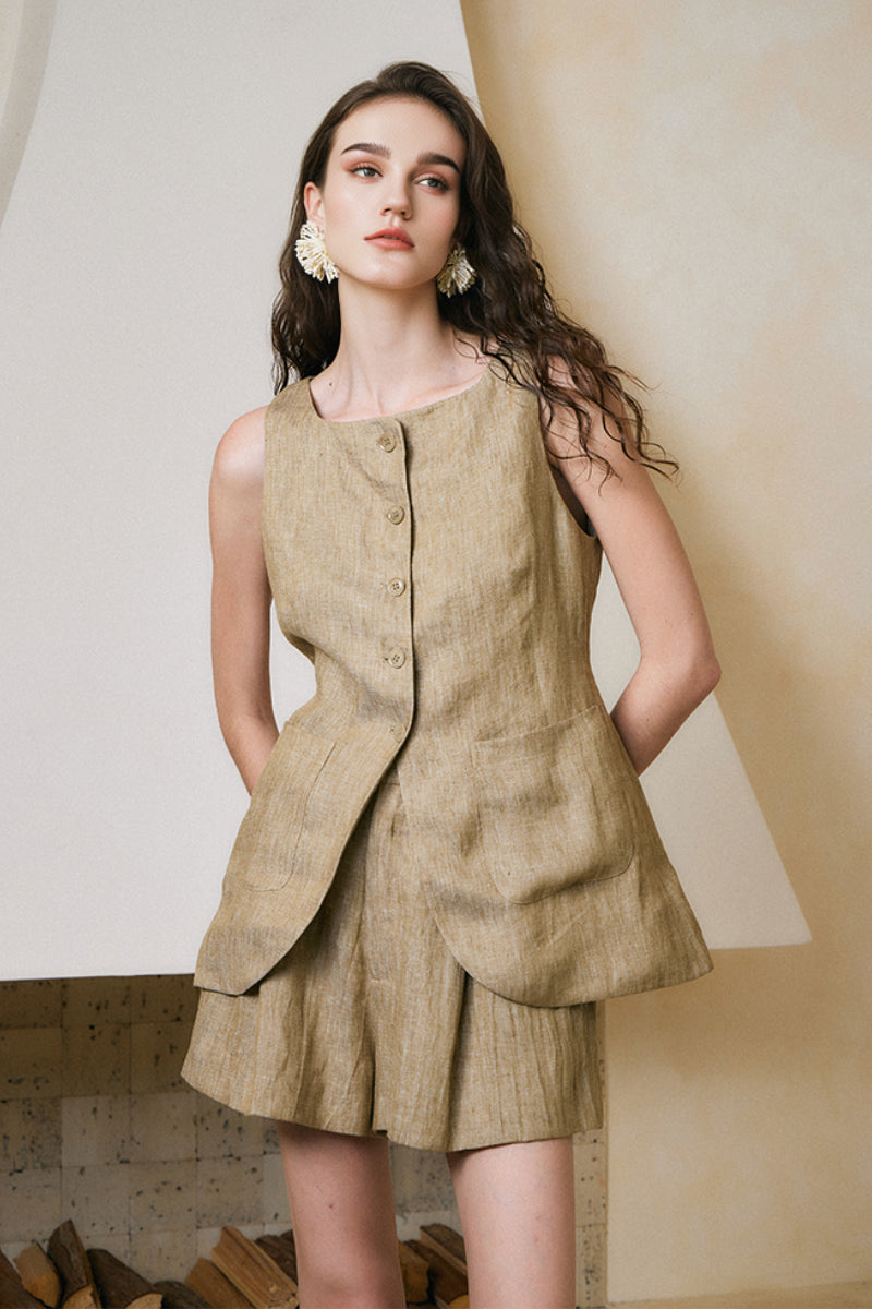 100% Linen Three Piece Vest Set with Shorts and Pants