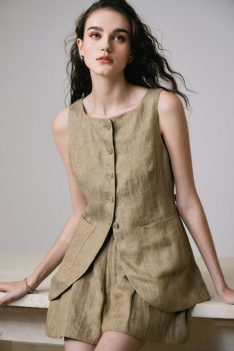 100% Linen Three Piece Vest Set with Shorts and Pants