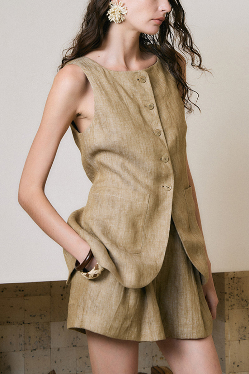 100% Linen Three Piece Vest Set with Shorts and Pants