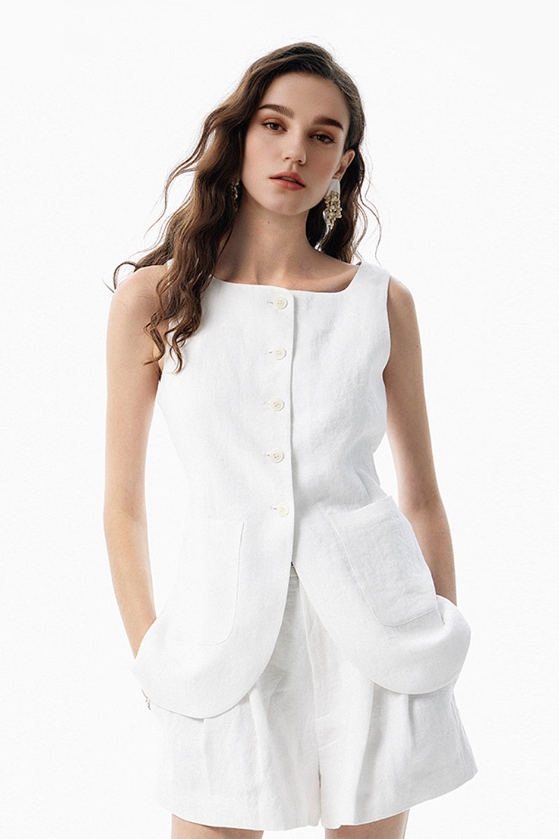 100% Linen Three Piece Vest Set with Shorts and Pants
