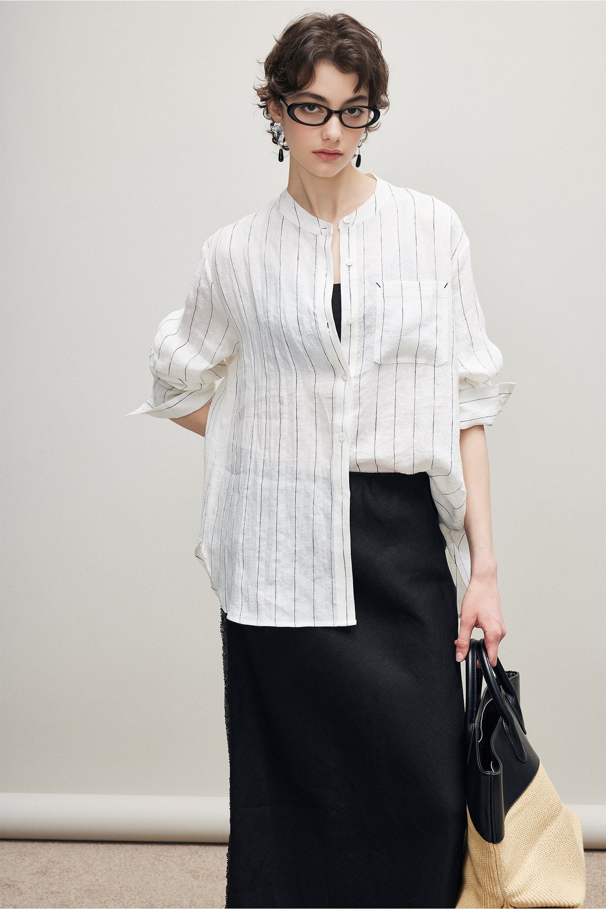 100% Linen Long Sleeve Collarless Button Up Shirt