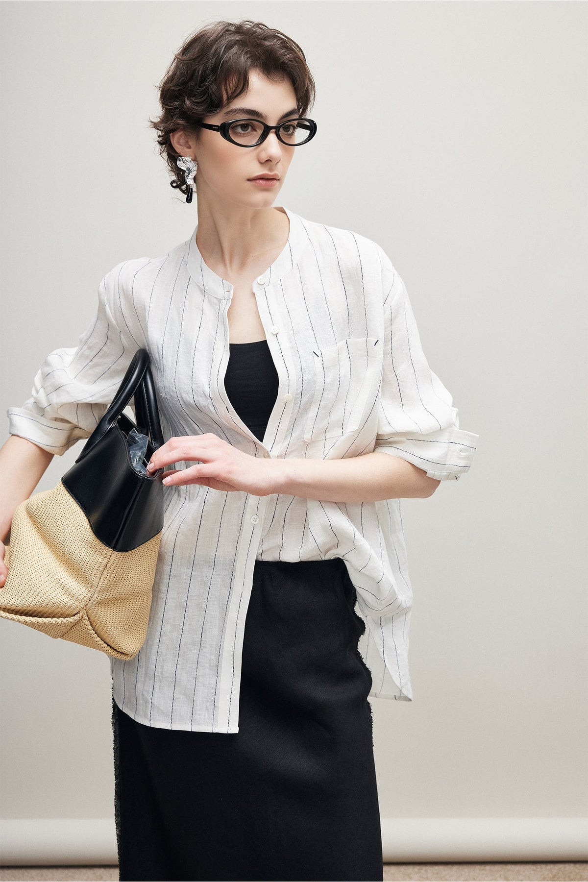 100% Linen Long Sleeve Collarless Button Up Shirt