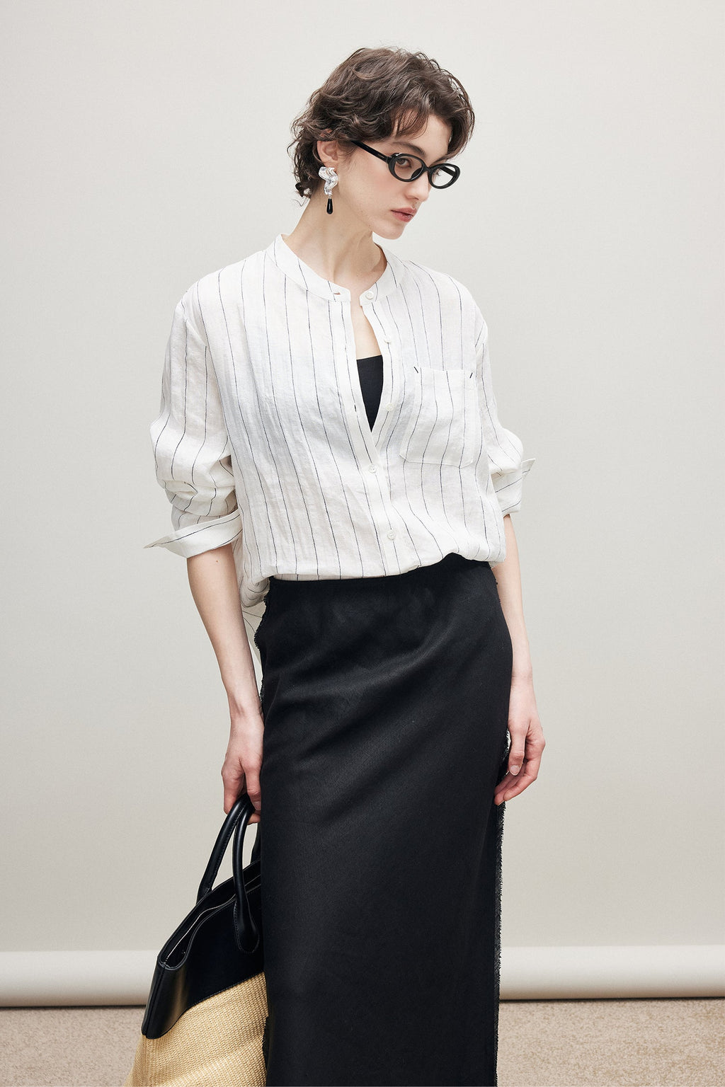 100% Linen Long Sleeve Collarless Button Up Shirt