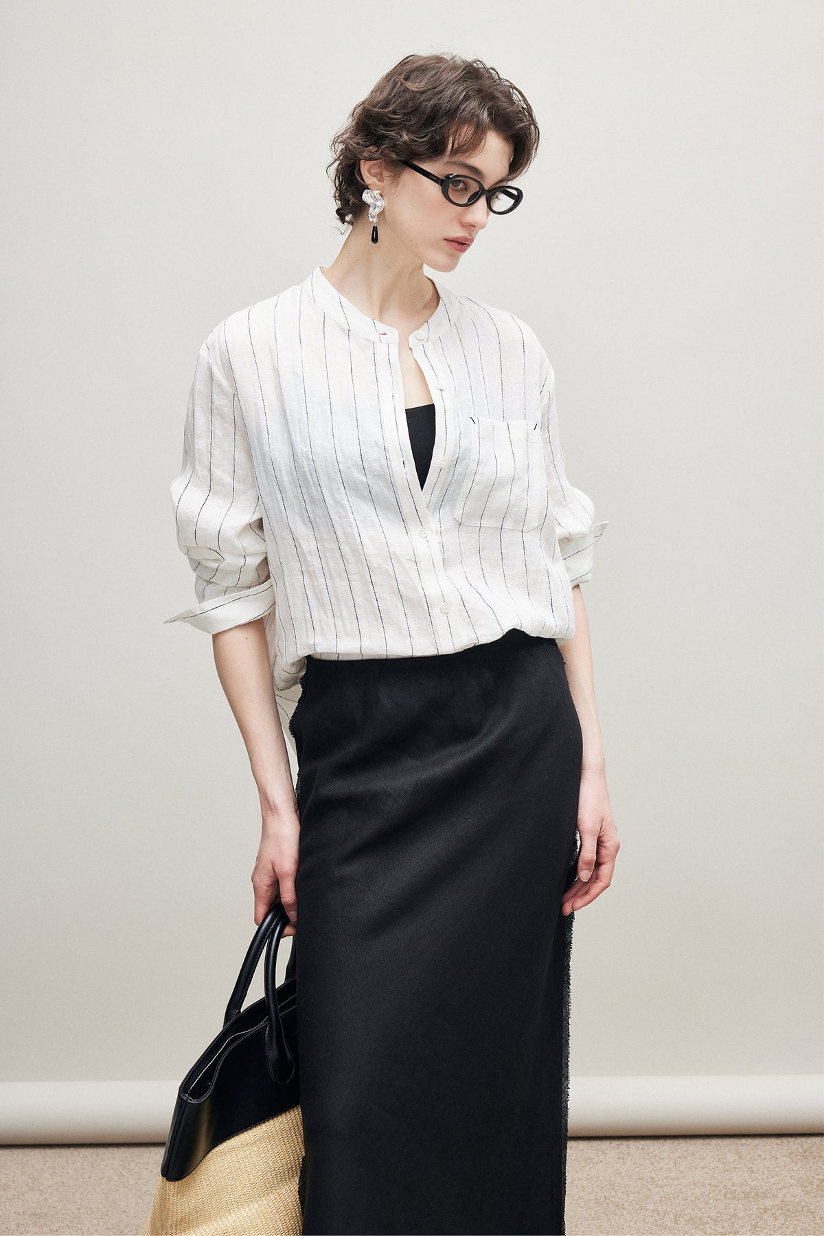 100% Linen Long Sleeve Collarless Button Up Shirt
