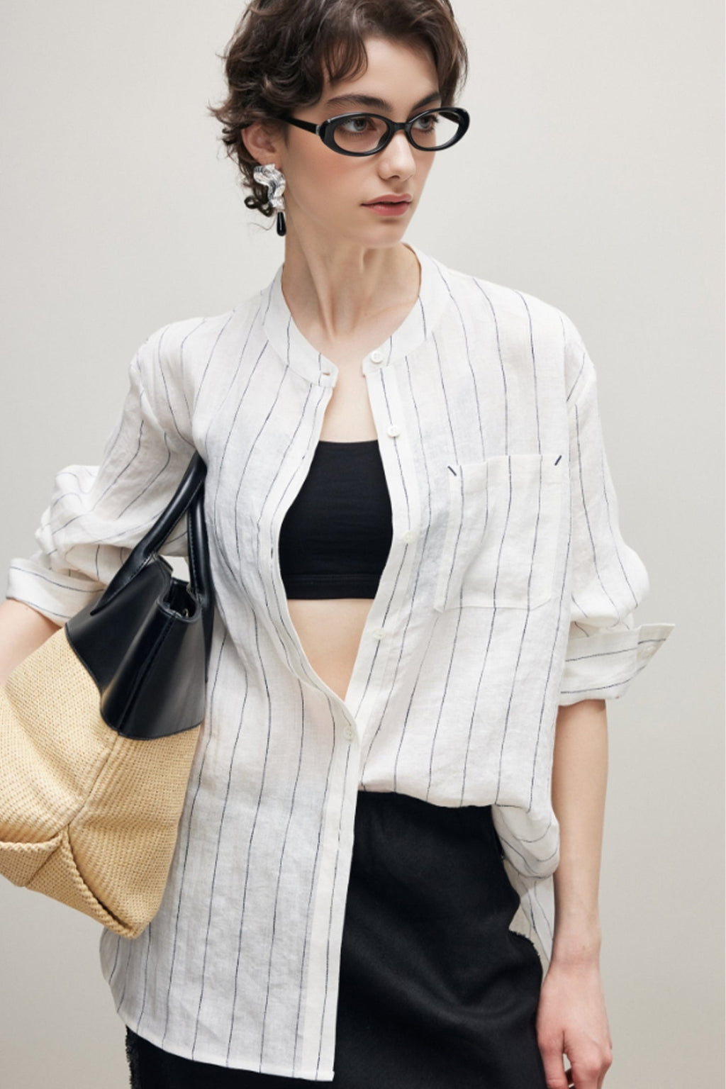 100% Linen Long Sleeve Collarless Button Up Shirt