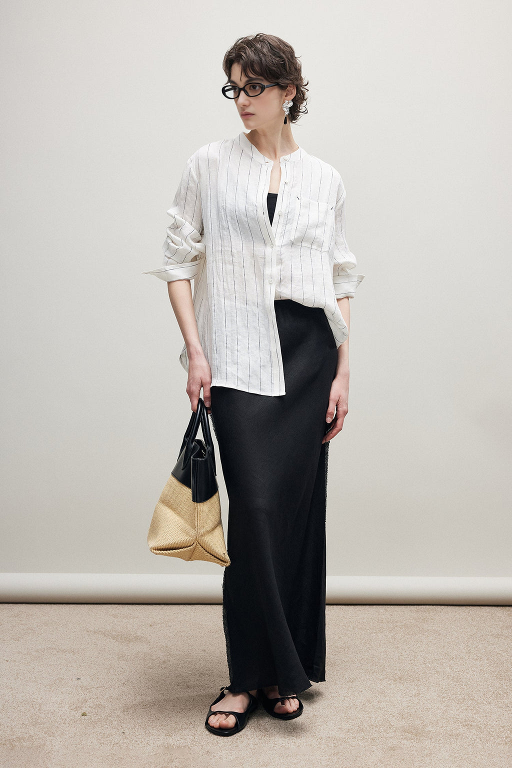 100% Linen Long Sleeve Collarless Button Up Shirt