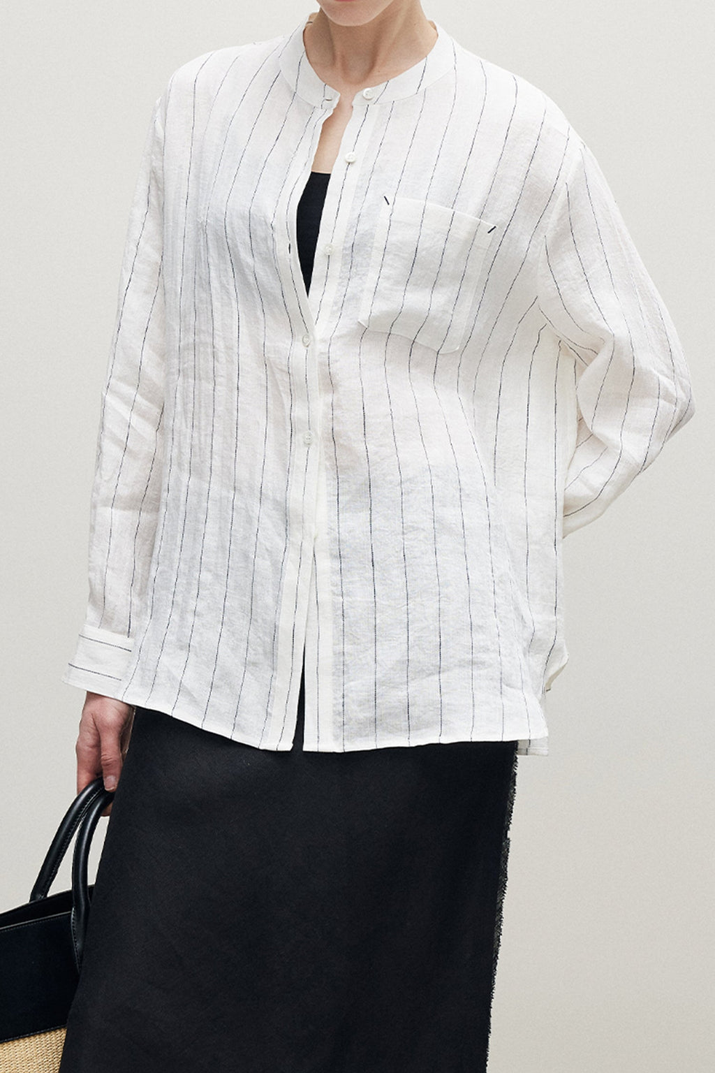 100% Linen Long Sleeve Collarless Button Up Shirt