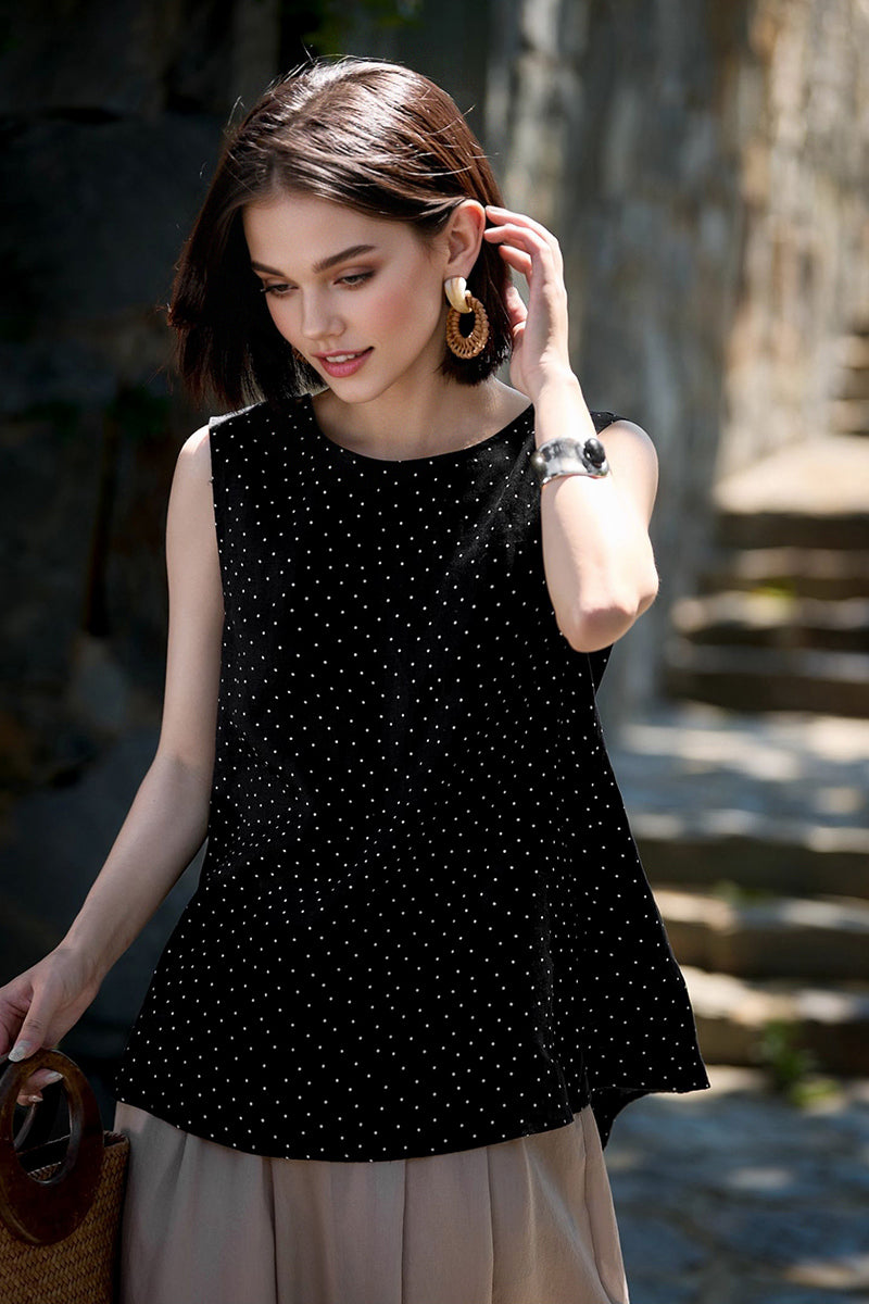100% Linen Polka Dot Twist-Back Tank Top