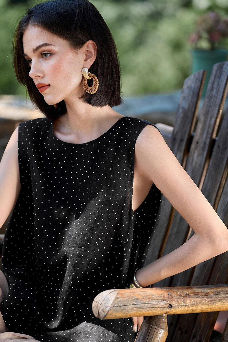 100% Linen Polka Dot Twist-Back Tank Top