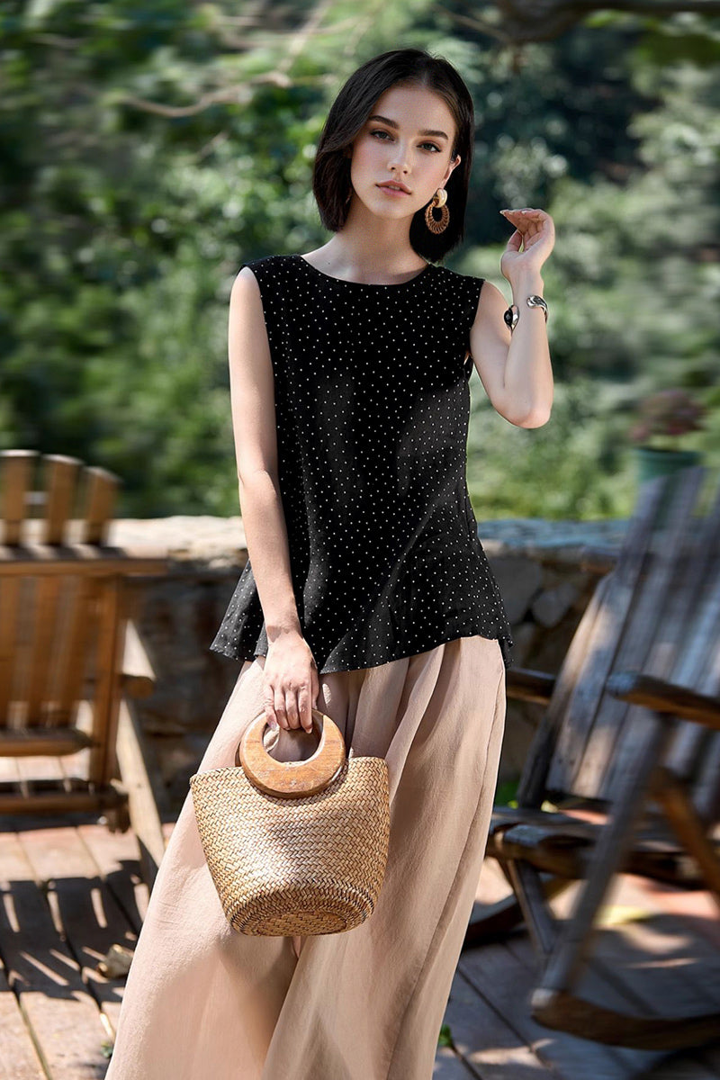 100% Linen Polka Dot Twist-Back Tank Top