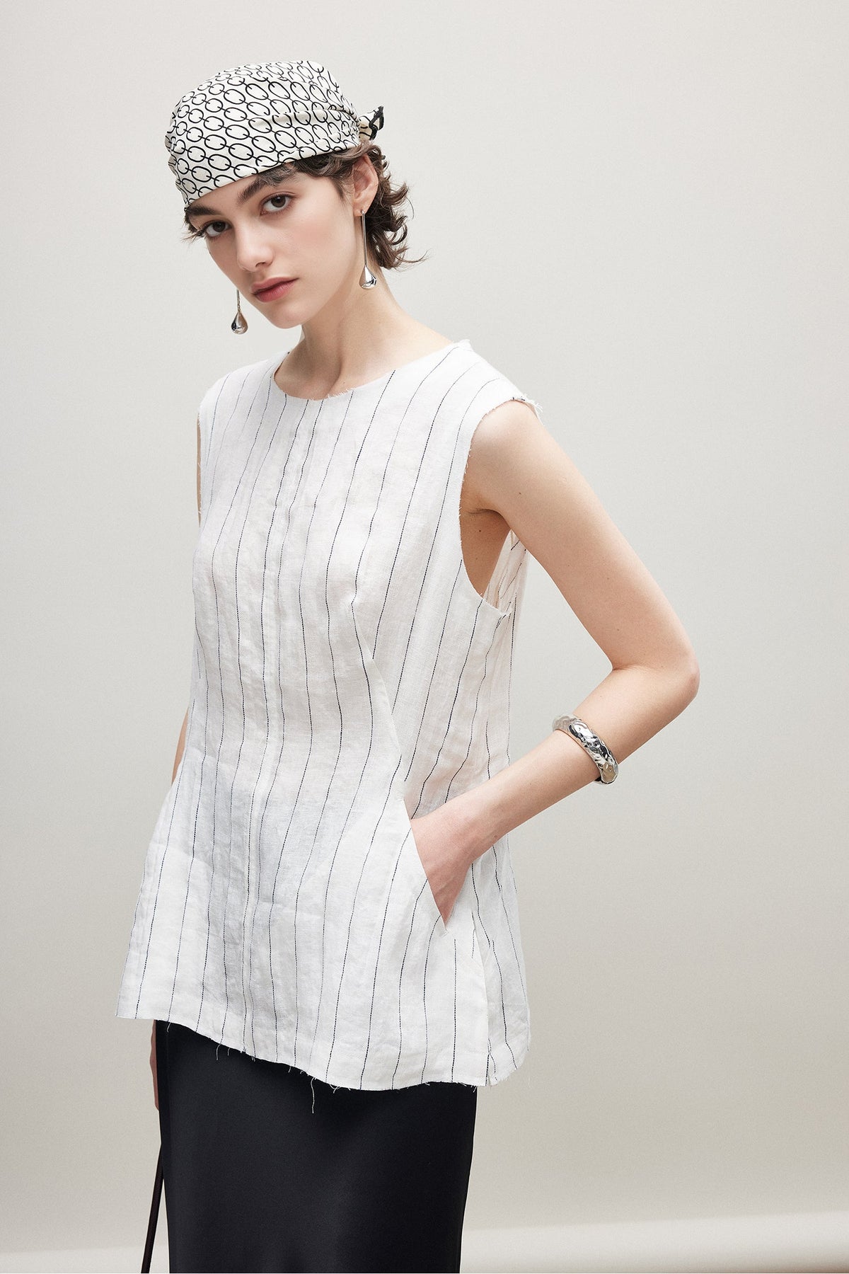 100% Linen Striped A-Line Top with Pocket