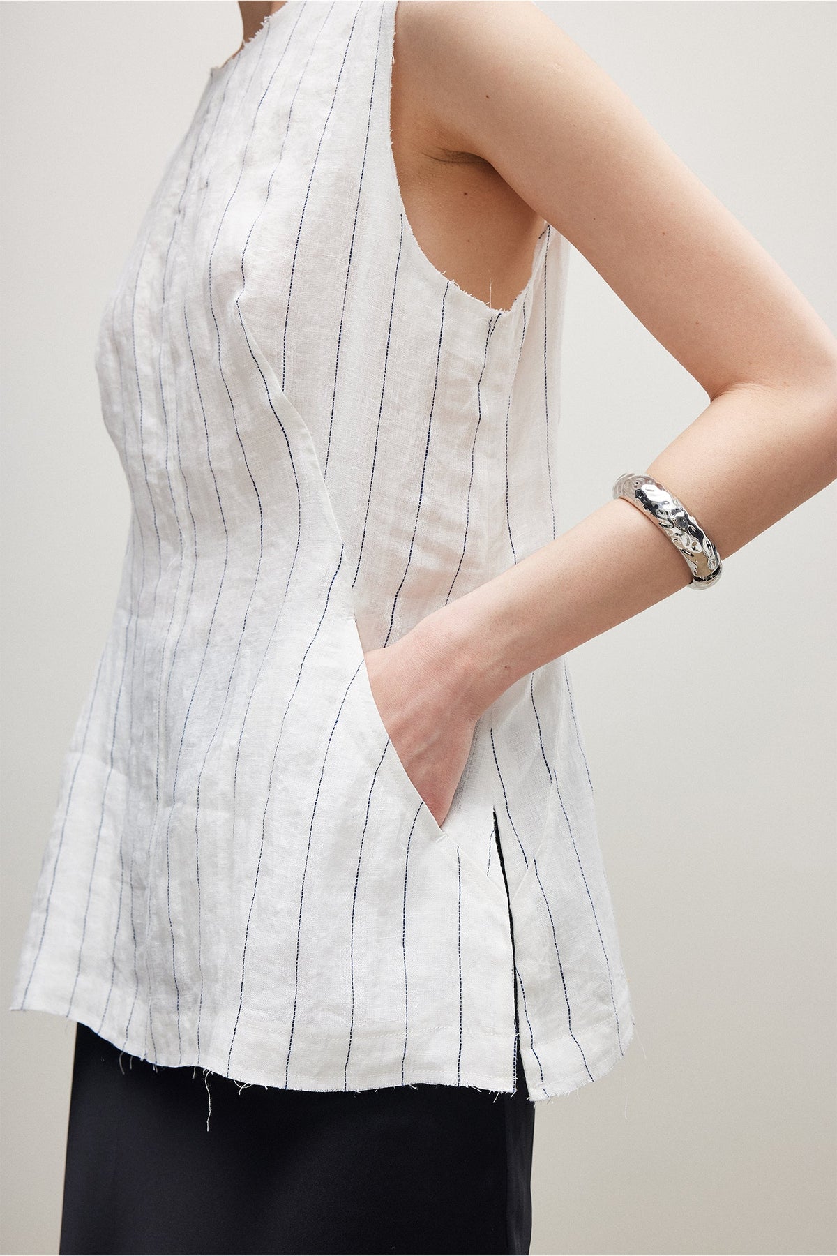 100% Linen Striped A-Line Top with Pocket