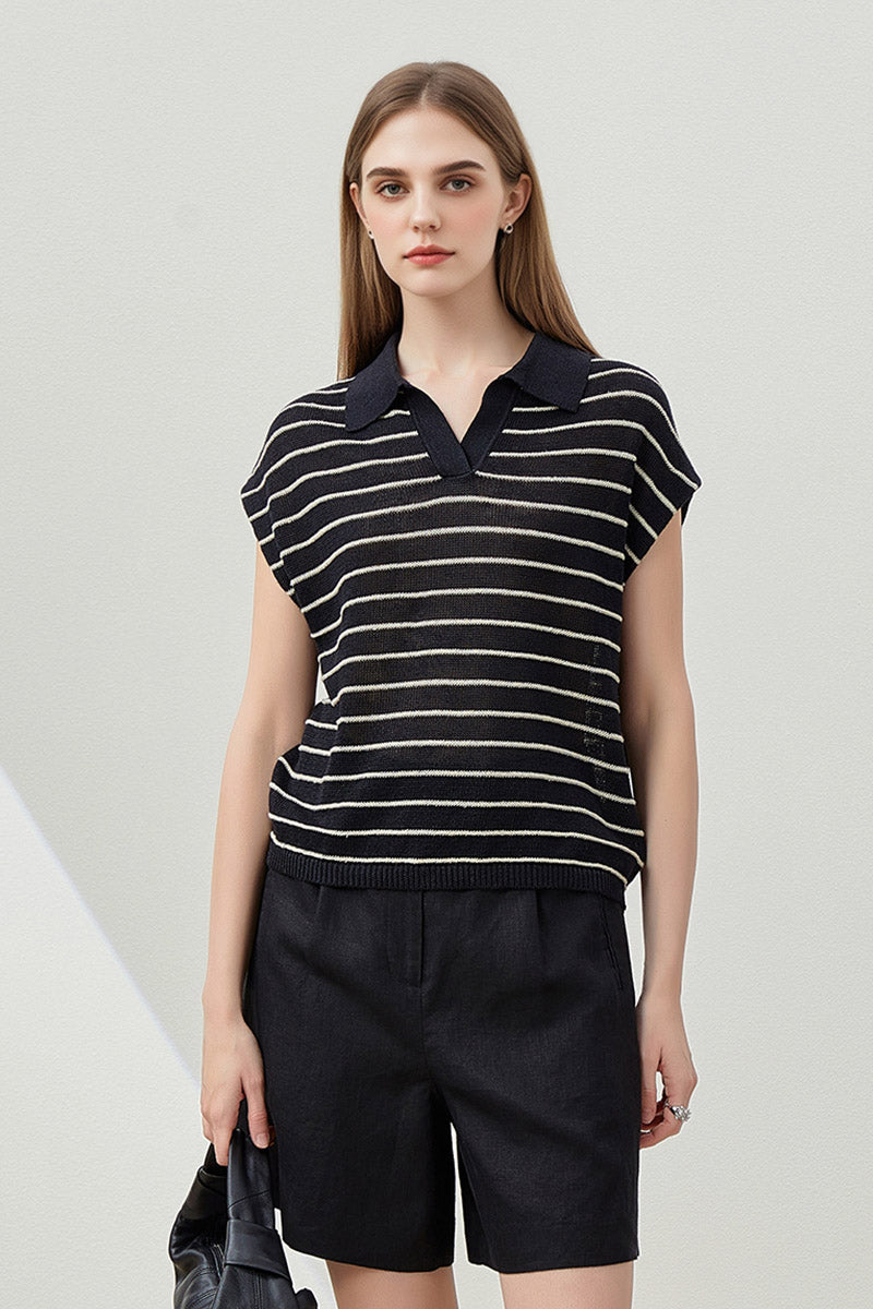 100% Linen Striped Cap-Sleeve Polo Shirt