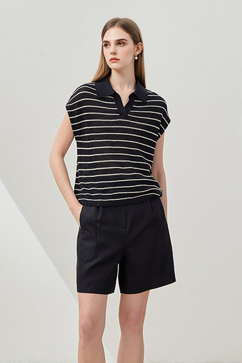 100% Linen Striped Cap-Sleeve Polo Shirt