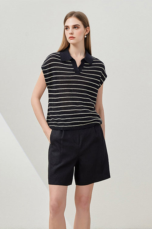 100% Linen Striped Cap-Sleeve Polo Shirt