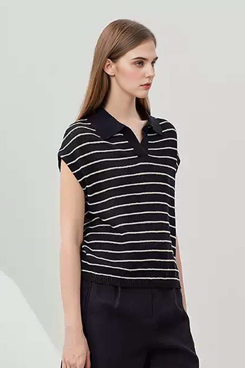 100% Linen Striped Cap-Sleeve Polo Shirt