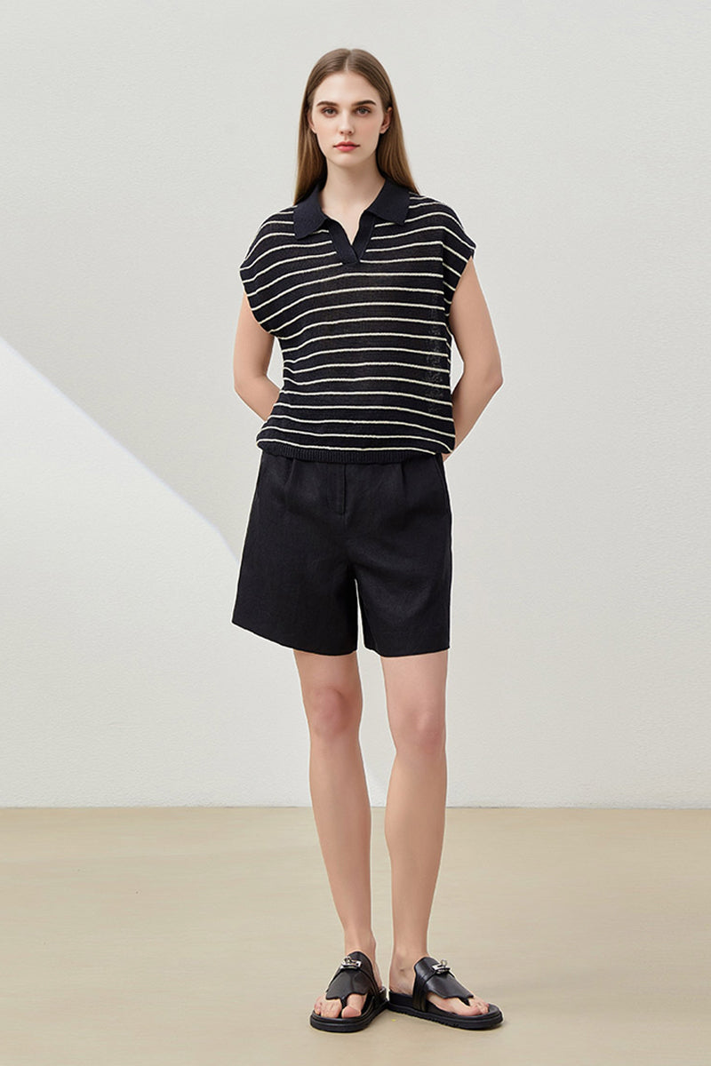 100% Linen Striped Cap-Sleeve Polo Shirt