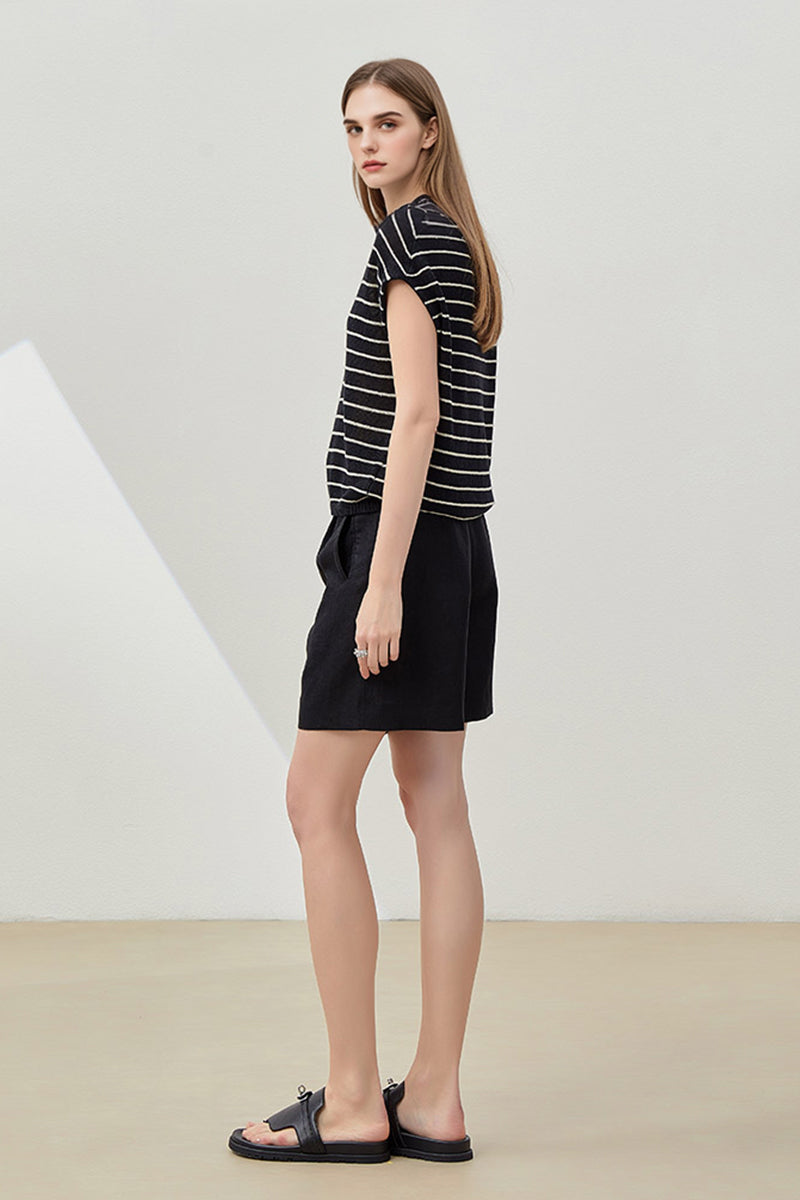 100% Linen Striped Cap-Sleeve Polo Shirt