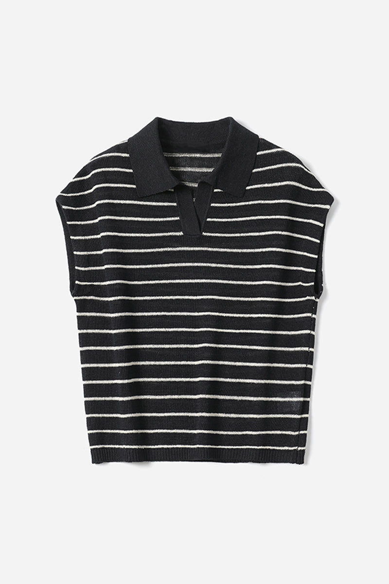 100% Linen Striped Cap-Sleeve Polo Shirt