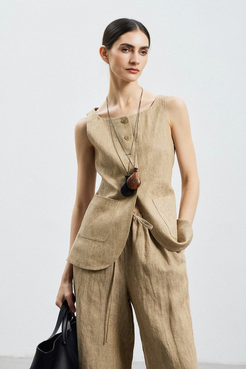 100% Linen Three Piece Vest Set with Shorts and Pants