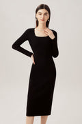 100% Merino Wool Long Sleeve Square-Neck Midi Sweater Dress