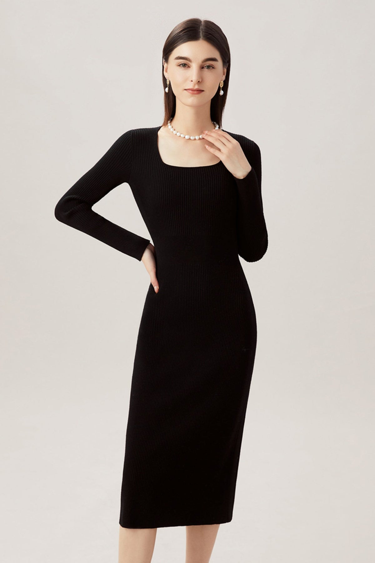 100% Merino Wool Long Sleeve Square-Neck Midi Sweater Dress