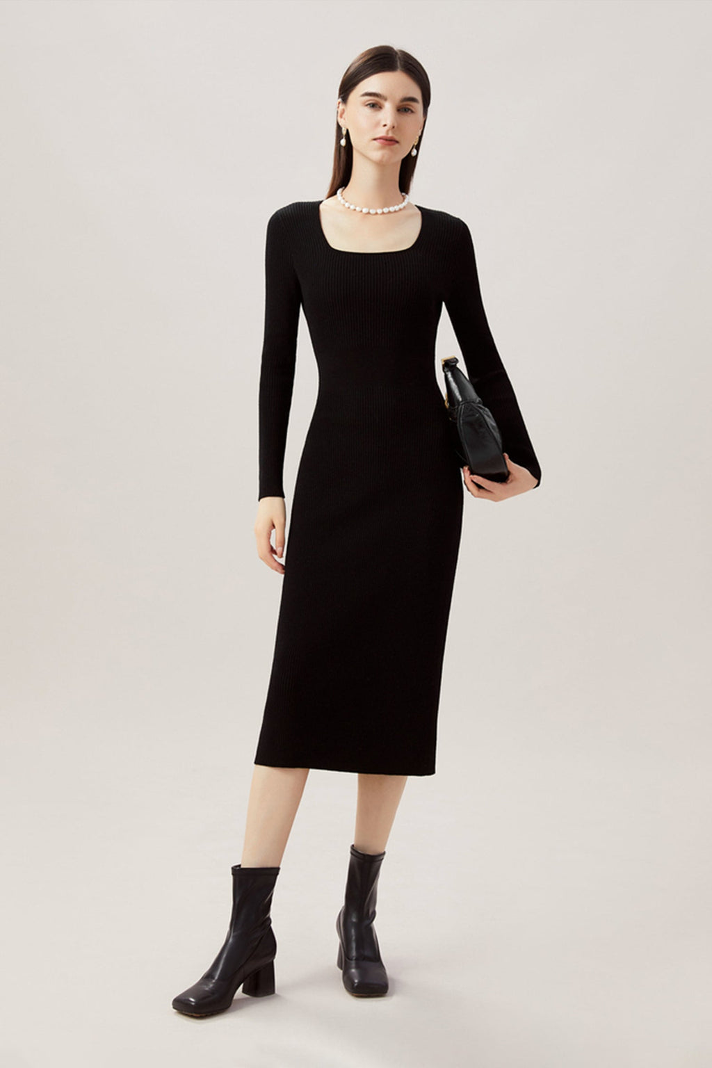 100% Merino Wool Long Sleeve Square-Neck Midi Sweater Dress