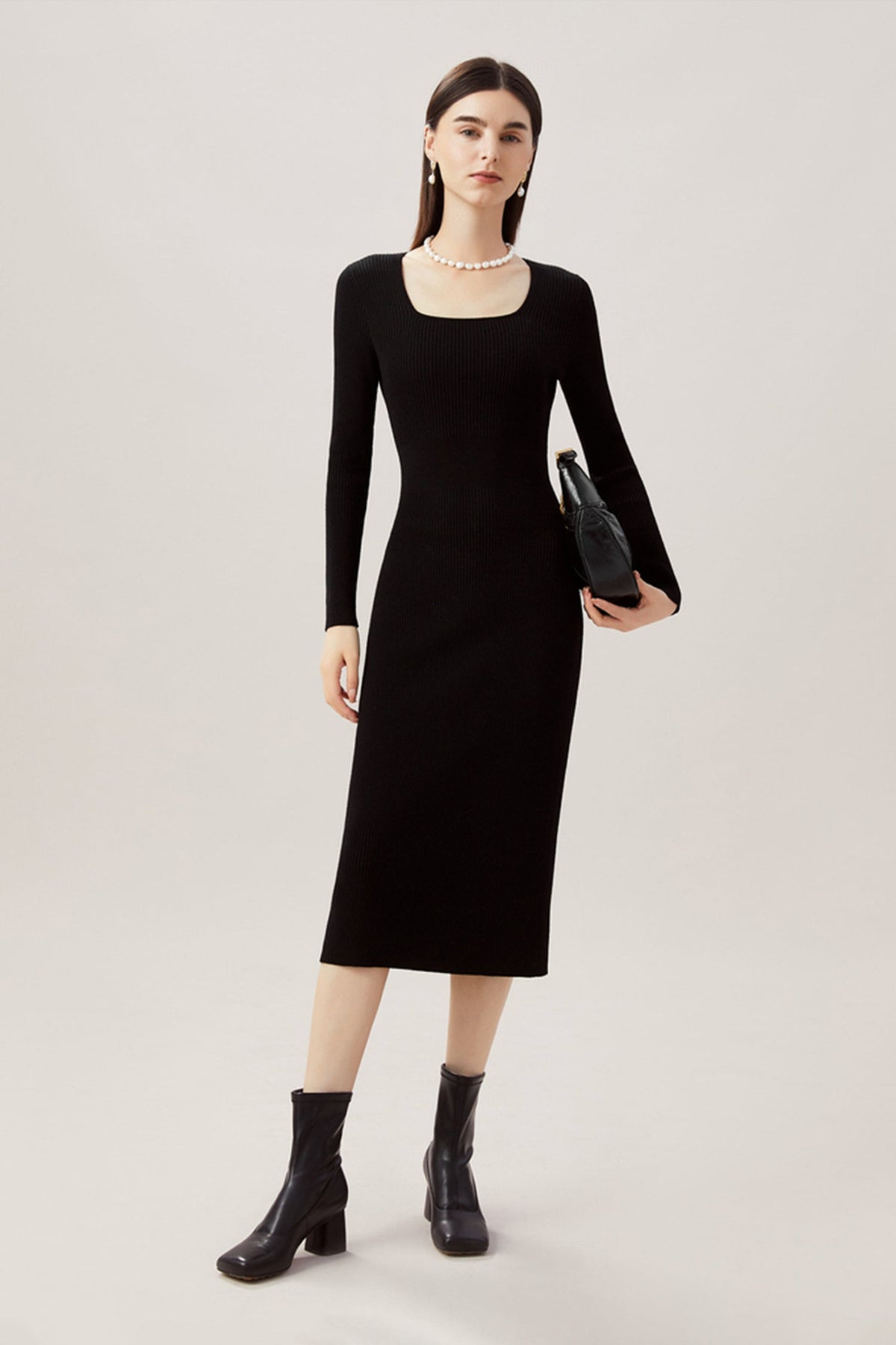 100% Merino Wool Long Sleeve Square-Neck Midi Sweater Dress