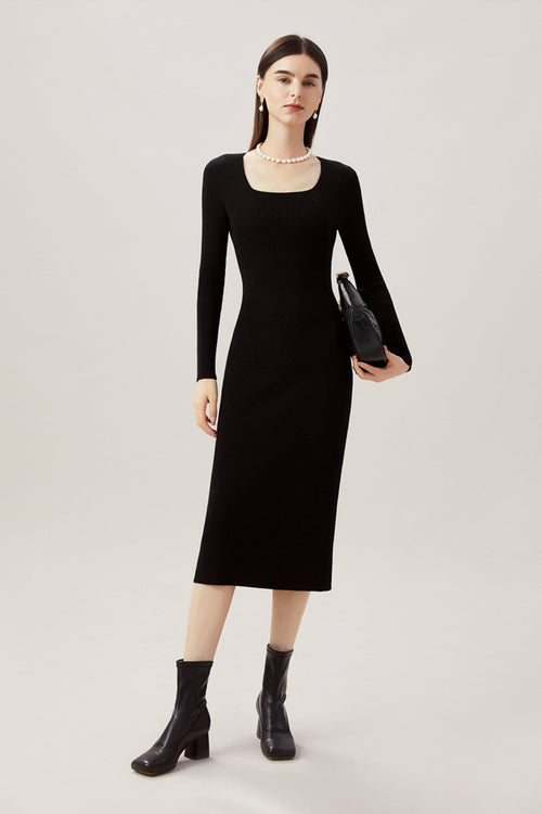 100% Merino Wool Long Sleeve Square-Neck Midi Sweater Dress