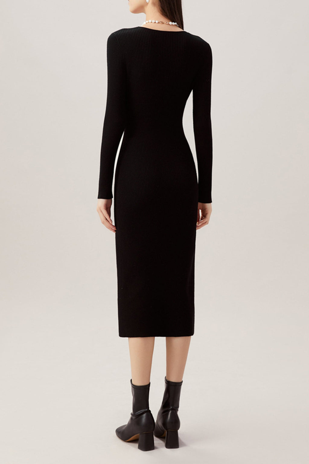 100% Merino Wool Long Sleeve Square-Neck Midi Sweater Dress