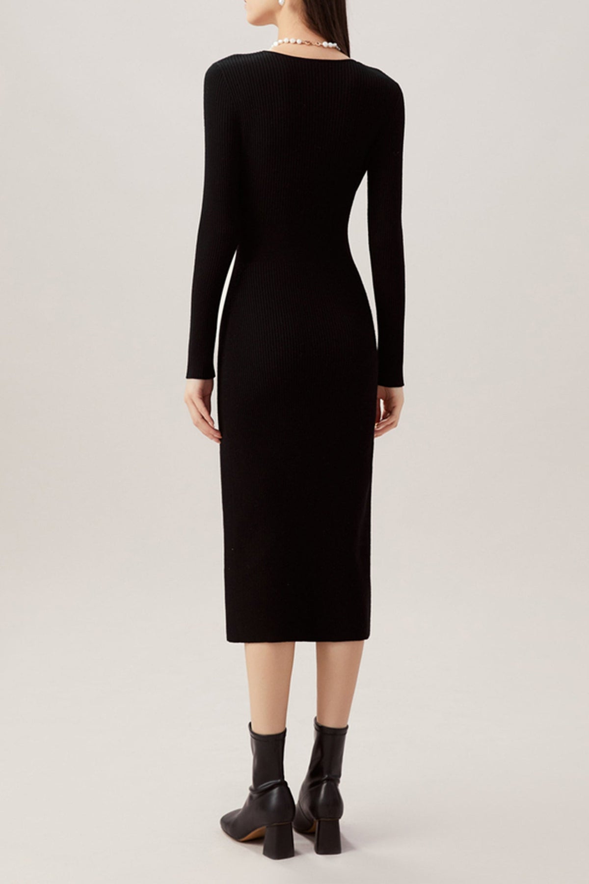 100% Merino Wool Long Sleeve Square-Neck Midi Sweater Dress