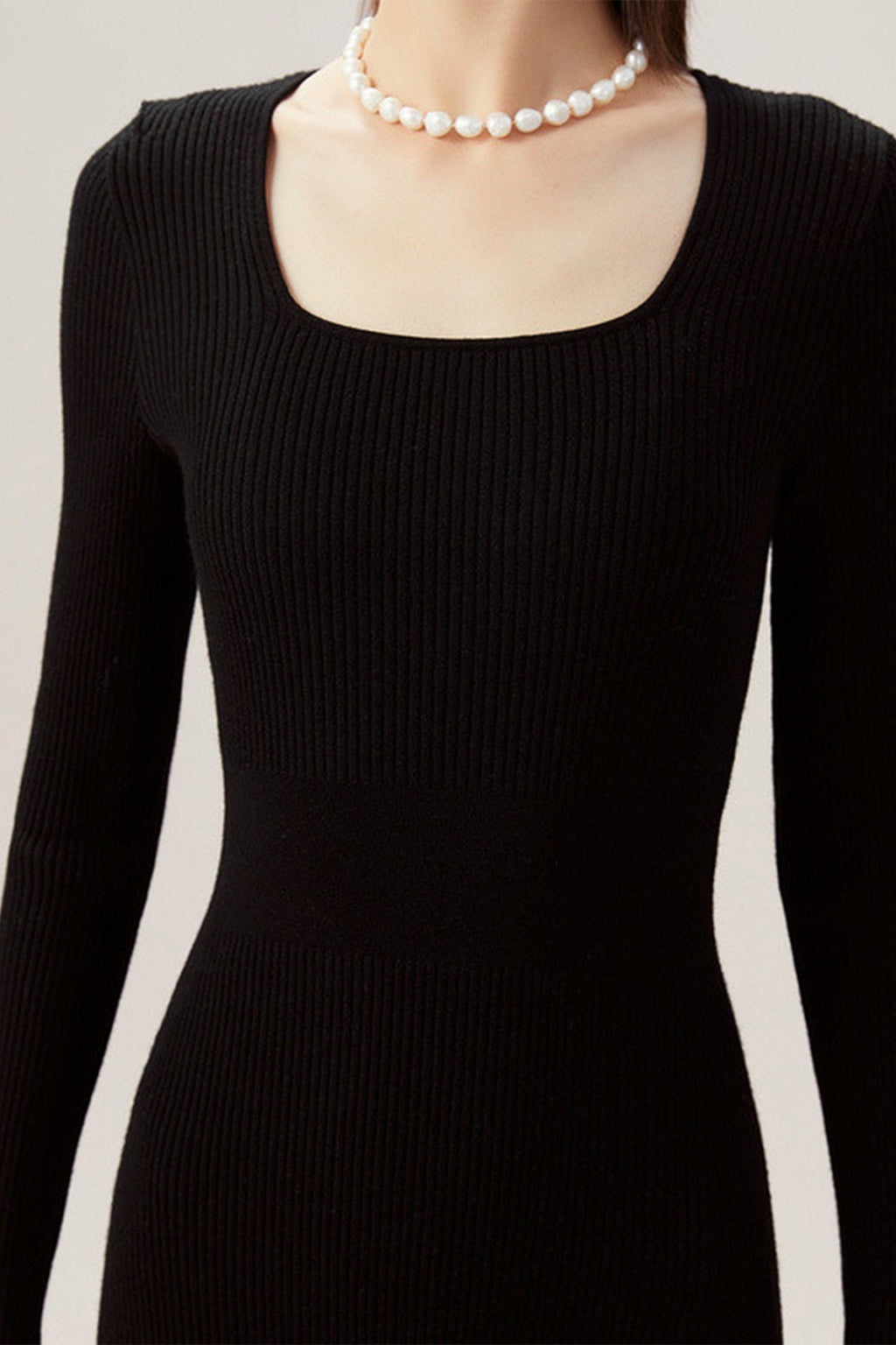 100% Merino Wool Long Sleeve Square-Neck Midi Sweater Dress