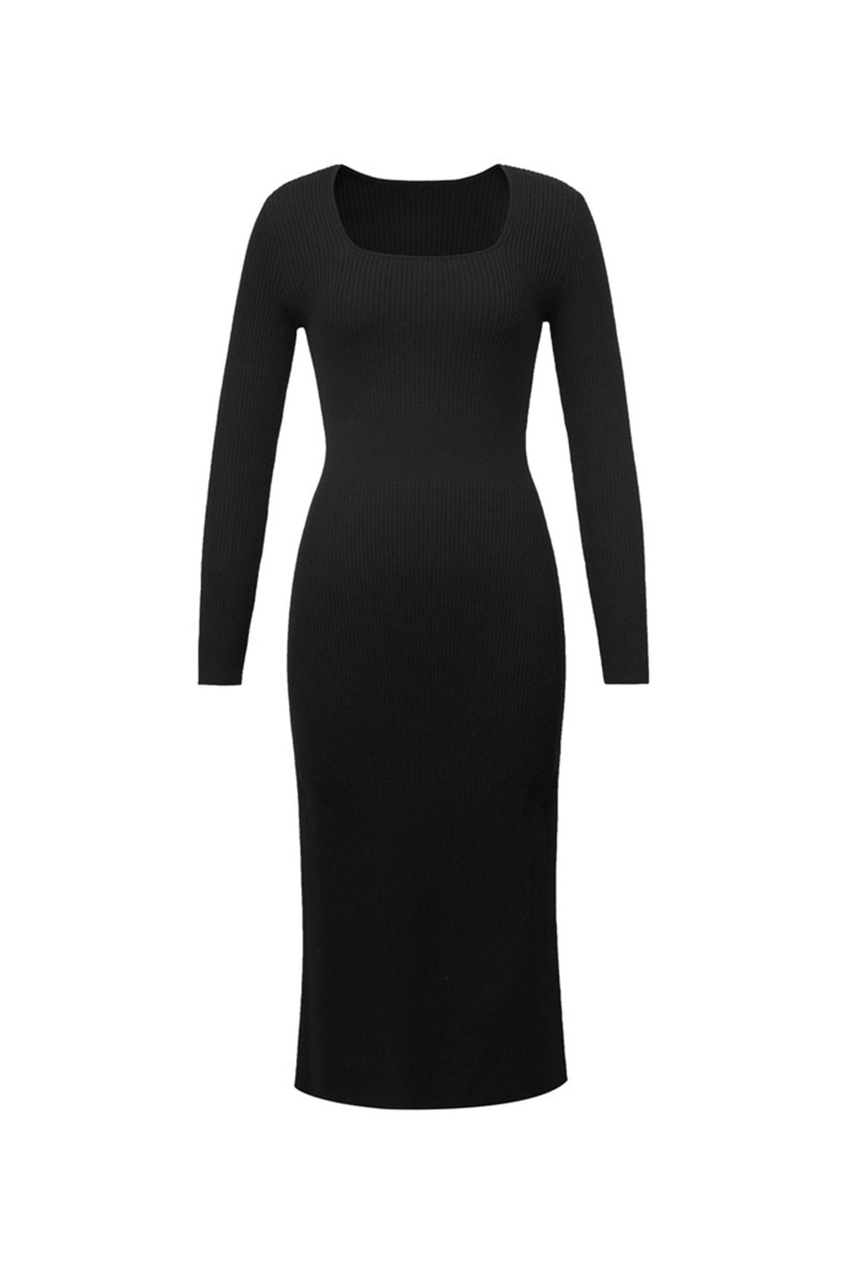 100% Merino Wool Long Sleeve Square-Neck Midi Sweater Dress