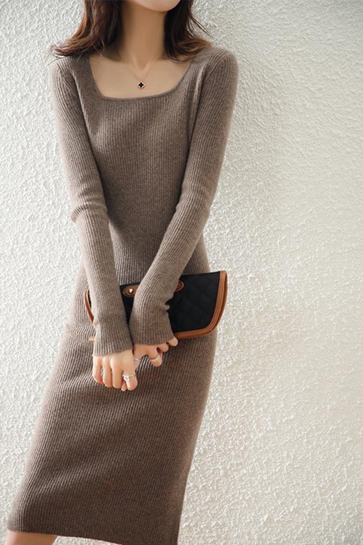 100% Merino Wool Long Sleeve Square-Neck Midi Sweater Dress