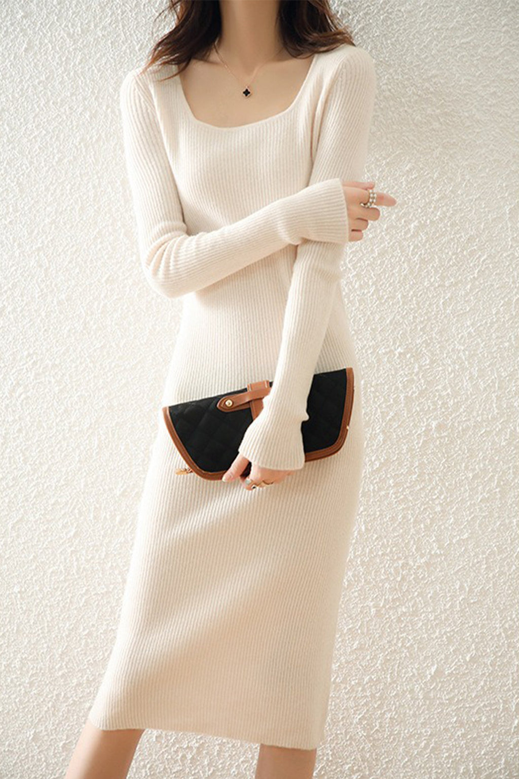 100% Merino Wool Long Sleeve Square-Neck Midi Sweater Dress