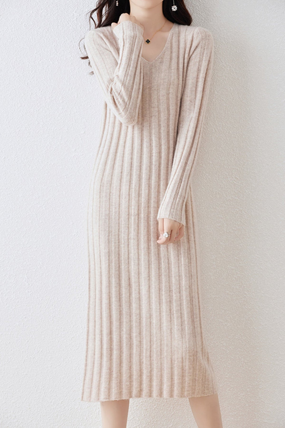 100% Merino Wool Long Sleeve Wide-Rib Midi Sweater Dress