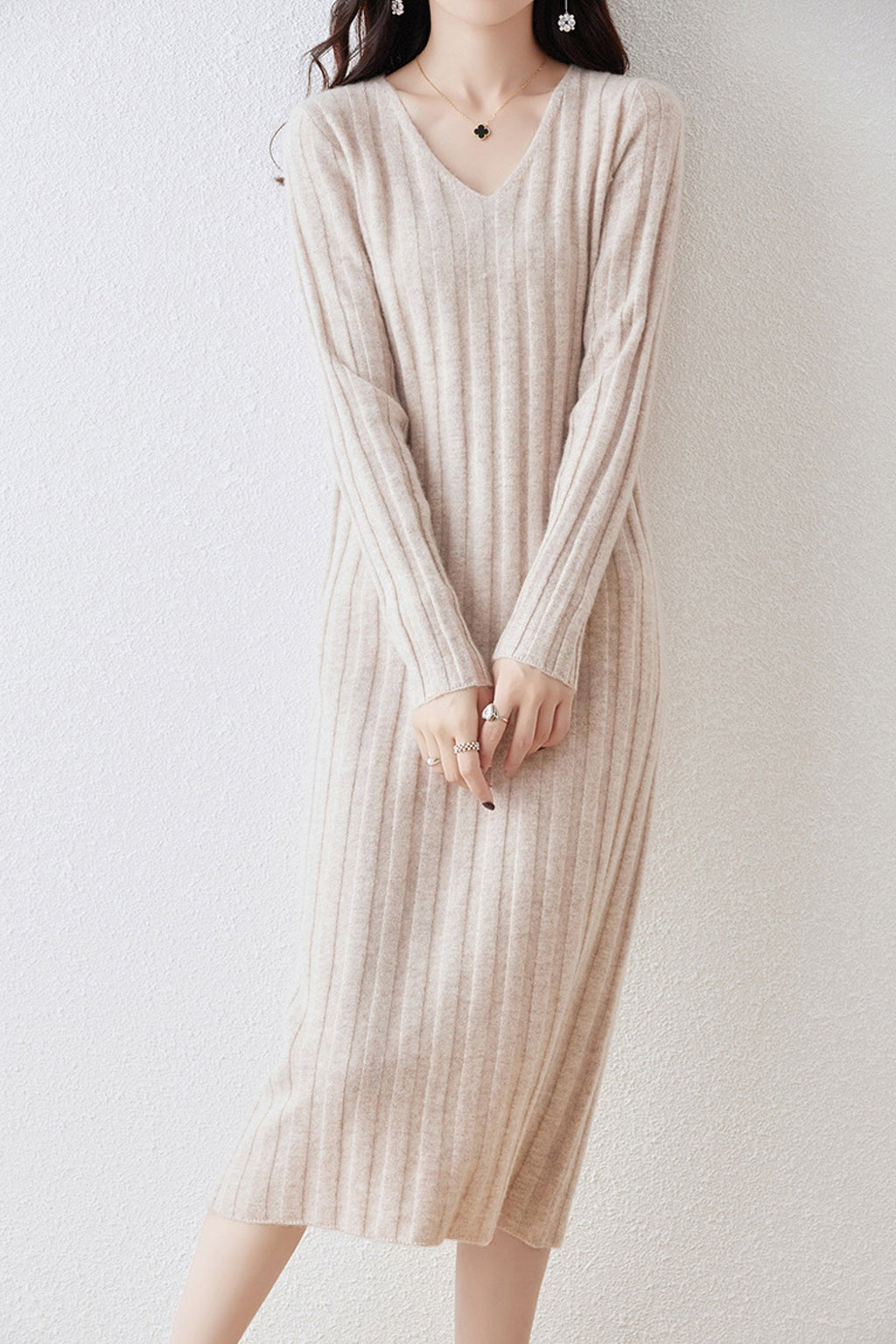 100% Merino Wool Long Sleeve Wide-Rib Midi Sweater Dress