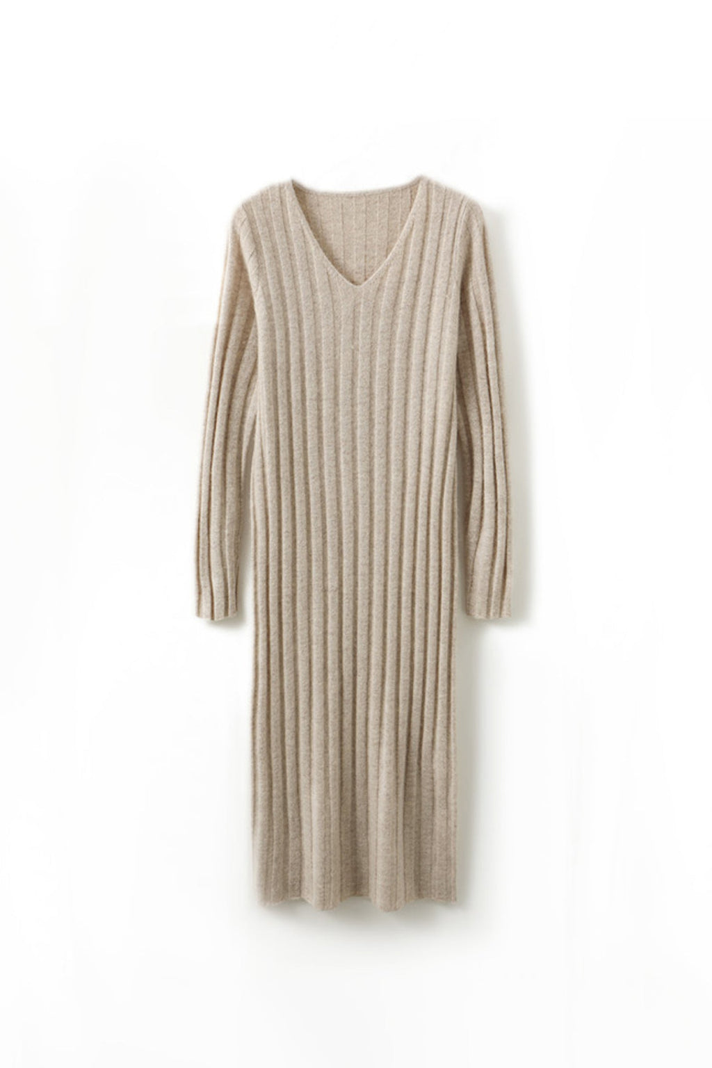 100% Merino Wool Long Sleeve Wide-Rib Midi Sweater Dress