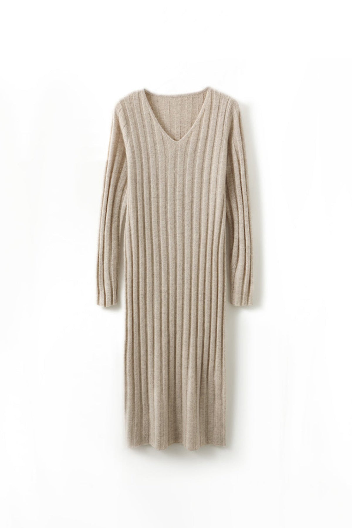 100% Merino Wool Long Sleeve Wide-Rib Midi Sweater Dress