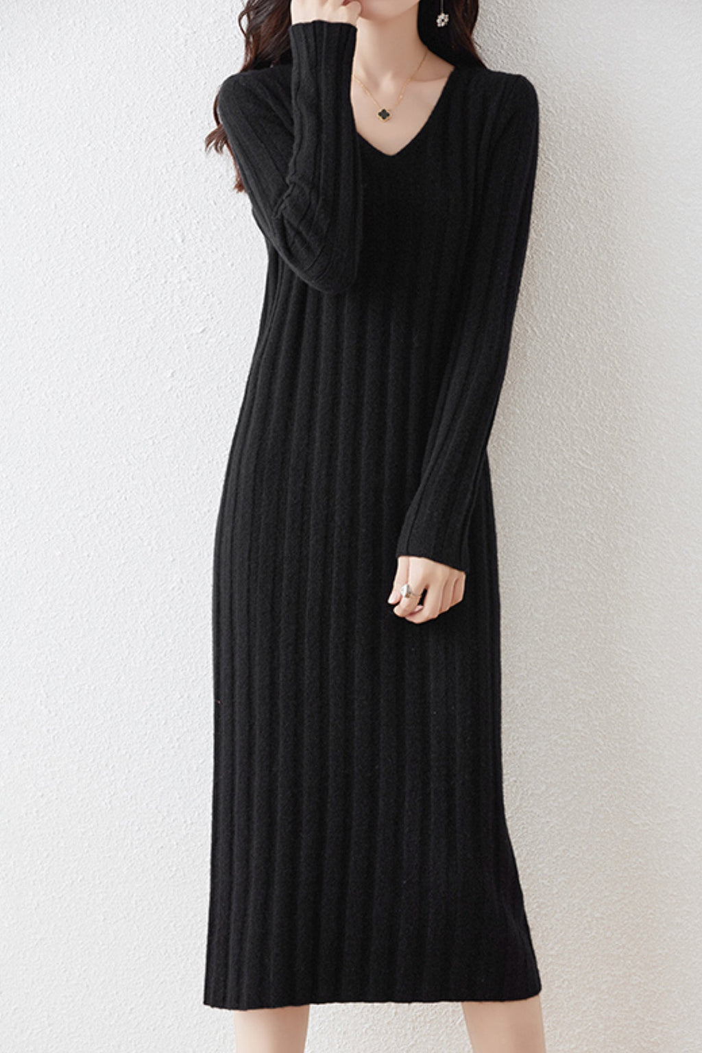 100% Merino Wool Long Sleeve Wide-Rib Midi Sweater Dress