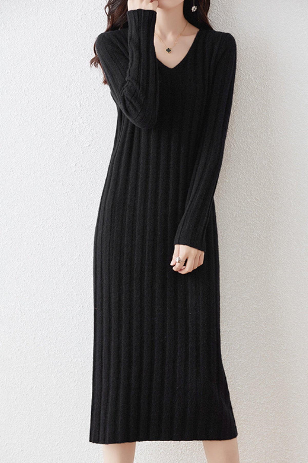 100% Merino Wool Long Sleeve Wide-Rib Midi Sweater Dress